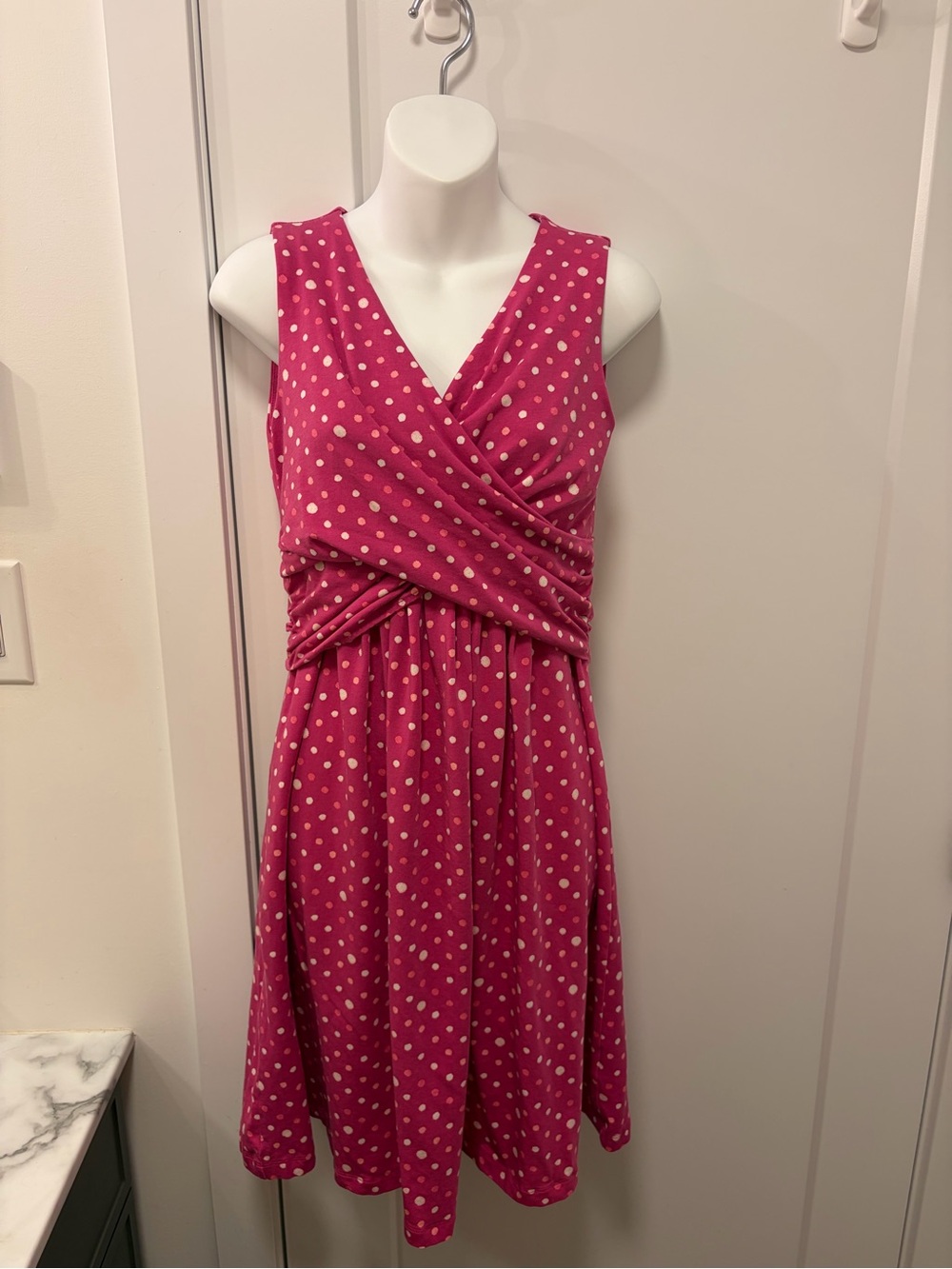 Lands' End Magenta Polka Dot Sleeveless Wrap Midi Dress